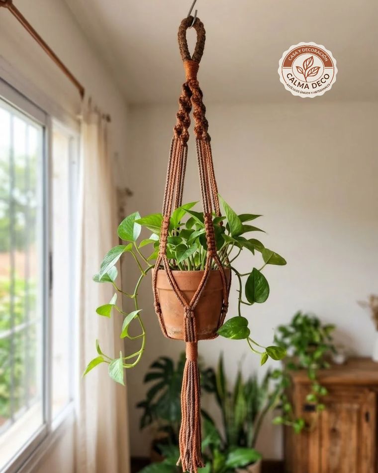 Colgante de macramé color terracota con una maceta y una planta